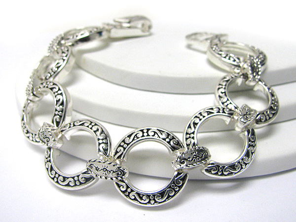 Designer inspired textured metal round disk link magnetic clasp bracelet