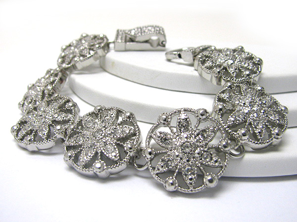 Crystal and filigree metal flower disk link bracelet