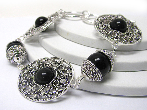 Round stone and crystal stud filigree meta ldisk link bracelet