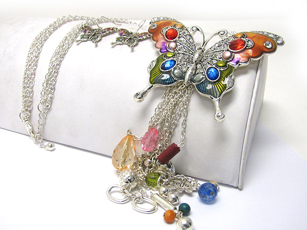 Crystal stud colored metal butterfly charm and multi beads drop long necklace earring set