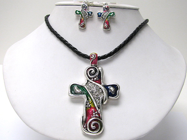 Crystal and enamel deco metal art deco cross pendant neckalce earring set