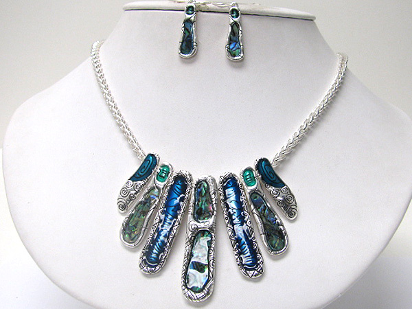 Ethnic style abalone and enamel deco multi bar drop necklace earring set