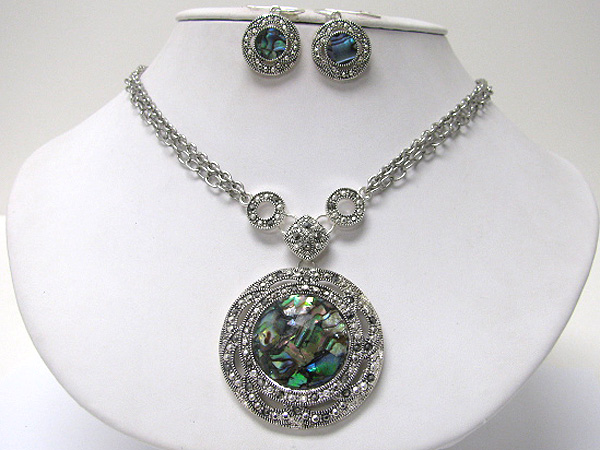 Abalone and marcasite deco round pendant neckalce earring set