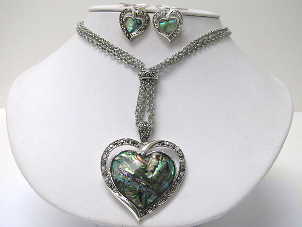 Abalone and marcasite deco heart pendant neckalce earring set