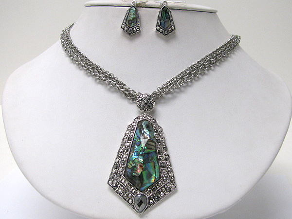 Abalone and marcasite deco pendant neckalce earring set