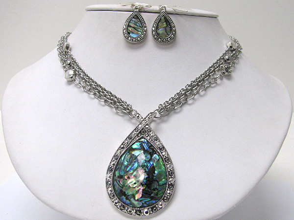 Abalone and marcasite tear drop pendant neckalce earring set