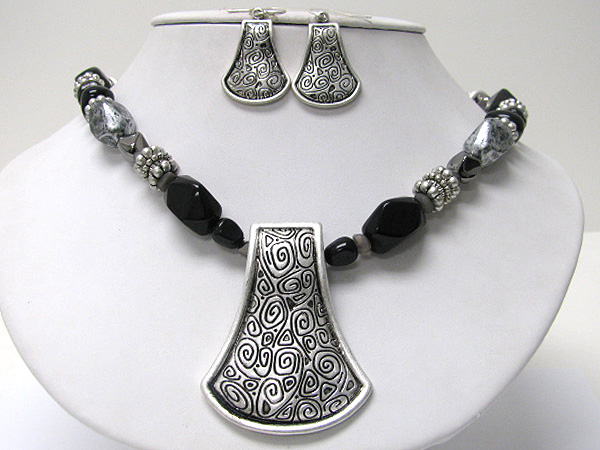 Ethnic style metal art medallion and natural stone necklace earring set