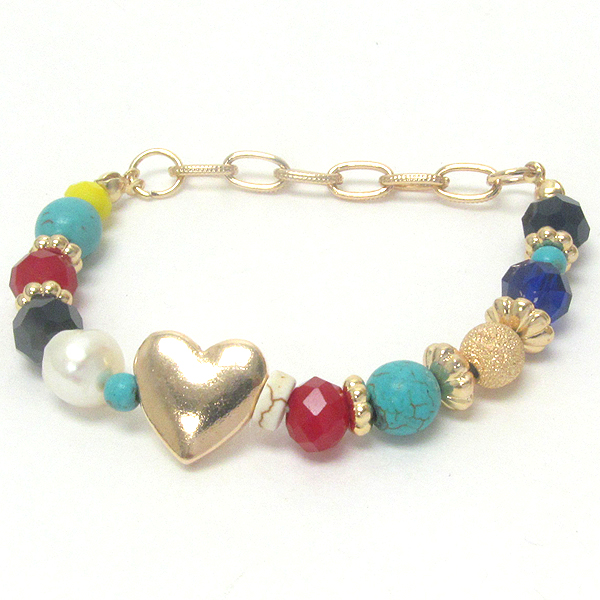 Heart and multi material ball link stretch bracelet -valentine