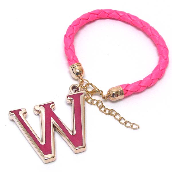 Initial charm and leatherette band bracelet - w