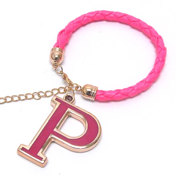 Initial charm and leatherette band bracelet - p