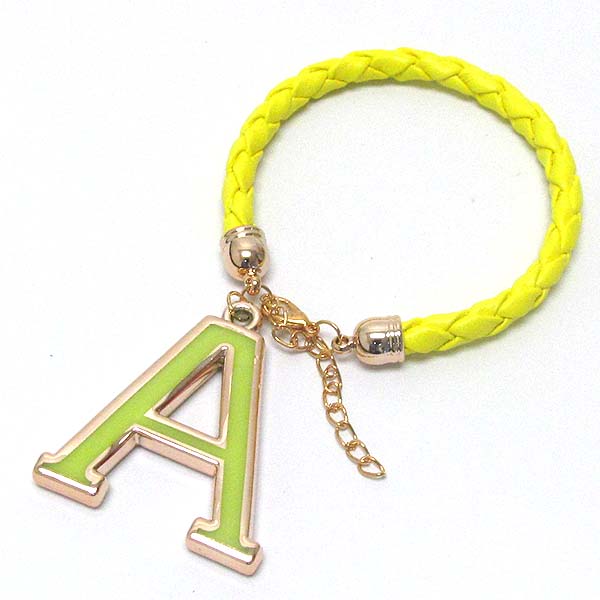 Initial charm and leatherette band bracelet - a