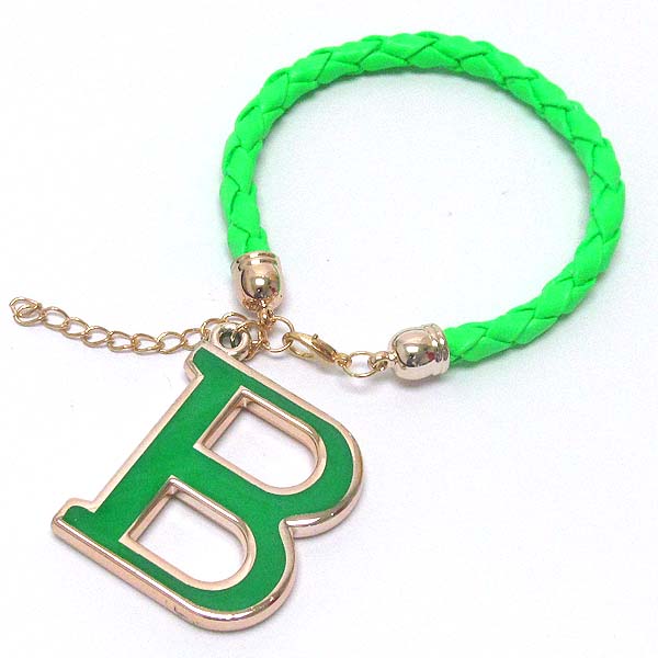 Initial charm and leatherette band bracelet - b