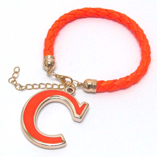 Initial charm and leatherette band bracelet - c