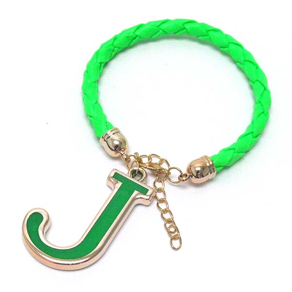 Initial charm and leatherette band bracelet - j