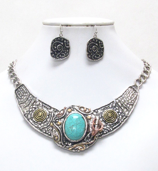 Genuine stone deco tribal style metal half chocker necklace earring set