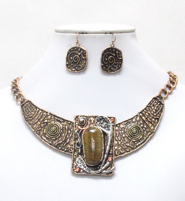 Genuine stone deco tribal style metal half chocker necklace earring set  