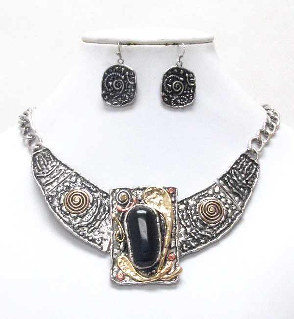 Genuine stone deco tribal style metal half chocker necklace earring set  