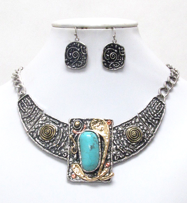 Genuine stone deco tribal style metal half chocker necklace earring set  