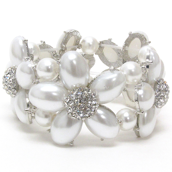 Crystal center and pearl petal flower link stretch bracelet