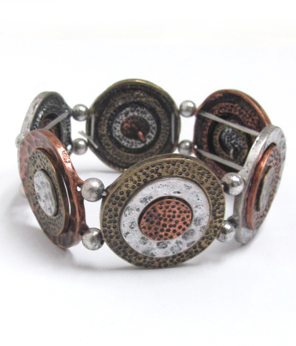 Multi textured metal disk stretch bracelet