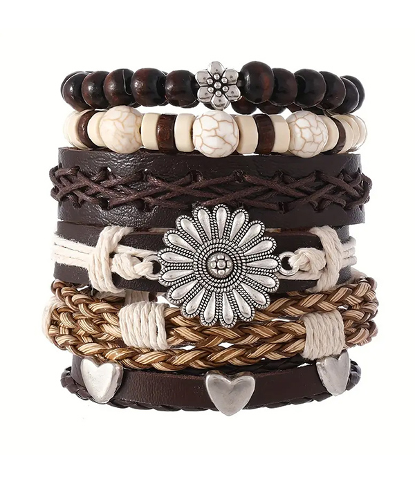 6 piece bohemian leatherette pull tie bracelet set