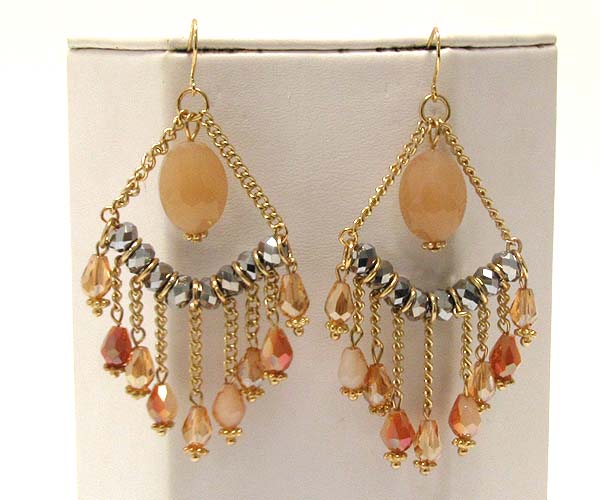 Multi glass and crystal glass dangle half oval chain drop earring