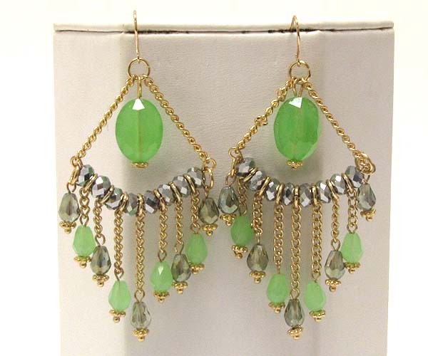 Multi glass and crystal glass dangle half oval chain drop earring