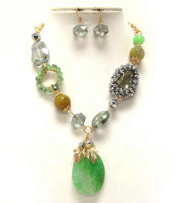 Multi mix glass stone and crystal glass drop round stone necklace earring set