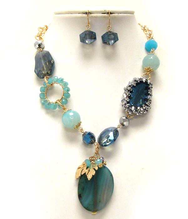 Multi mix glass stone and crystal glass drop round stone necklace earring set