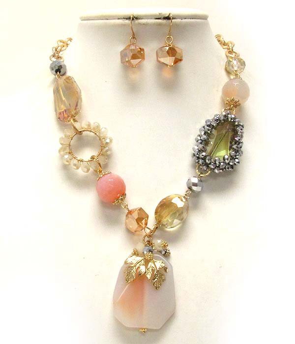 Multi mix glass stone and crystal glass drop round stone necklace earring set