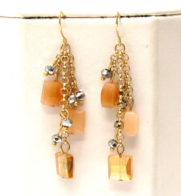 Multi glass and crystal square glass dangle chain drop earring