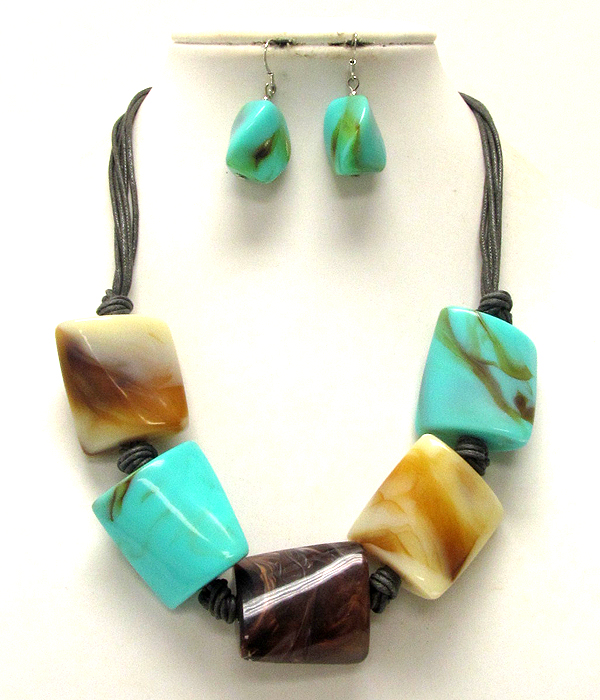 Multi rectangle smokey turquoise stone with cord necklace earring set