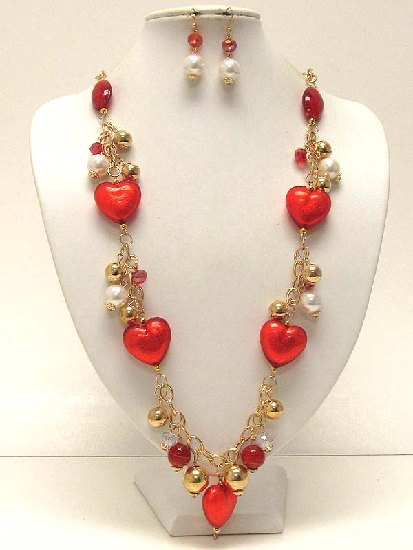 Multi pearls and metal balls with crystal glass multi pattern heart dangle long chain necklace earring set