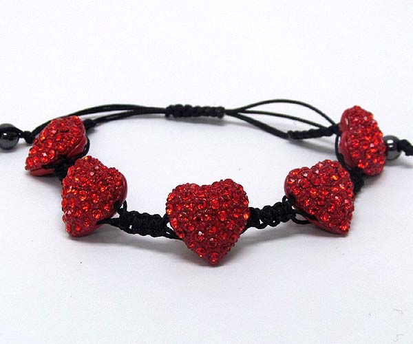 Five crystal puffy heart braided yarn friendship stretch bracelet -valentine