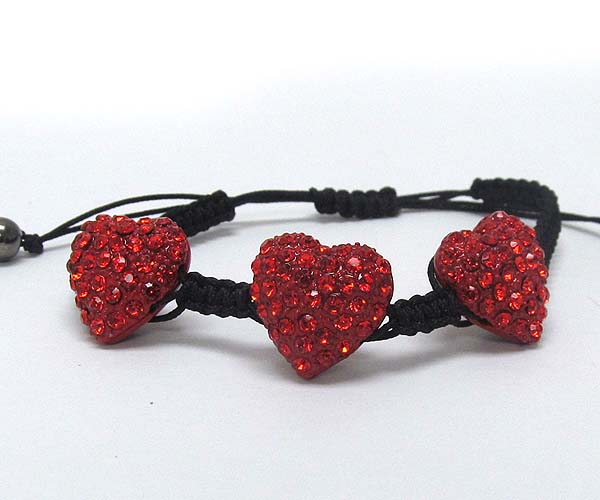 Three crystal puffy heart braided yarn friendship stretch bracelet -valentine