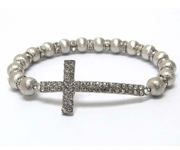 Crystal metal cross with multi rondelle crystal and sandy metal balls on stretch barcelet