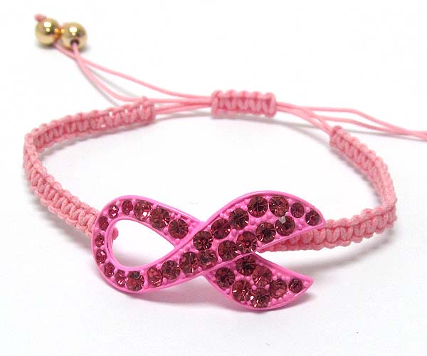 Breast cancer campaing crystal pink ribbon braided yarn friendship bracelet