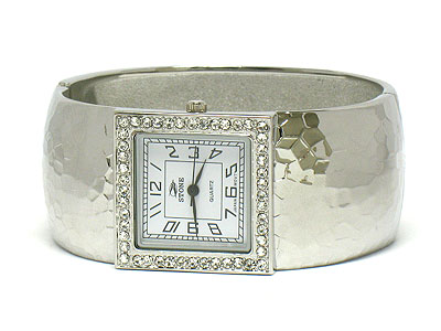 Crystal and hammered metal bangle fashion watch