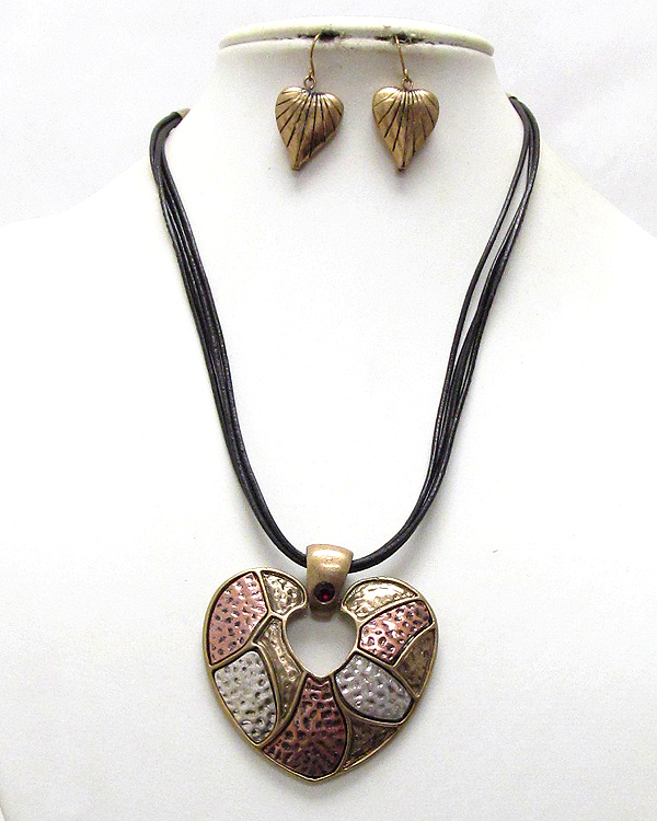 Tri-tone metal heart and multi strand necklace and earring set