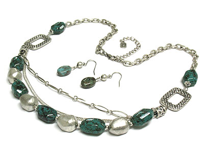 Patina and metal beads link long necklace and earring set