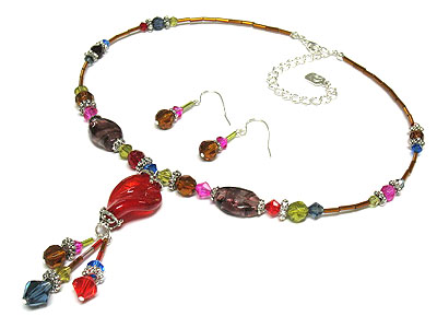 Multi glass beads necklace and earrign set