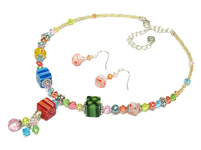 Art deco glass beads necklace and earrign set