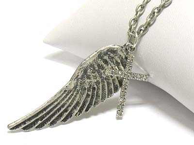 Burnish metal wing and crystal cross pendant necklace