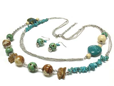 Multi shape natural stone deco double strand long necklace and earring set