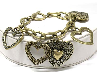 Multi filigree heart charms burnish metal toggle bracelet 