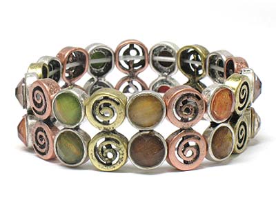 Facet cut glass stone and round casting metal double line elastic bracelet 