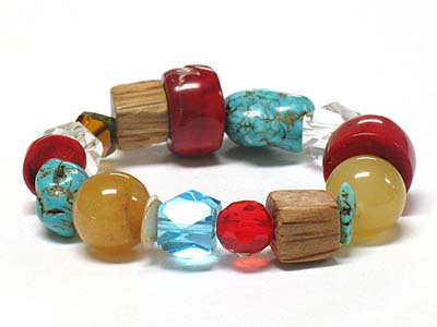 Turquoise stone and multi facet cut glass beads and solid square elastic bracelet