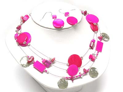 Multi shape marble and metal disk and natural chip stone seed beads deco necklace and earring set