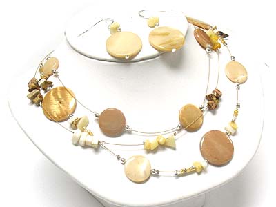 Multi round marble disk and natural chip stone deco necklace and earring set