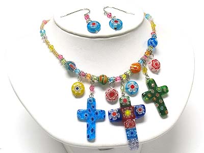 Hand painted flower pattern triple cross and round bead charms seea beads necklace and earring set